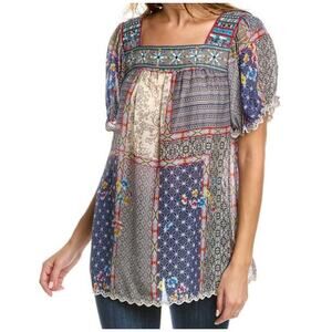 Johnny Was Embroidered Kichica Padme Blouse Silky Patchwork Embroidered Sz XS